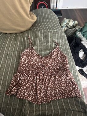 Brown Floral Spaghetti Strap Peplum Top